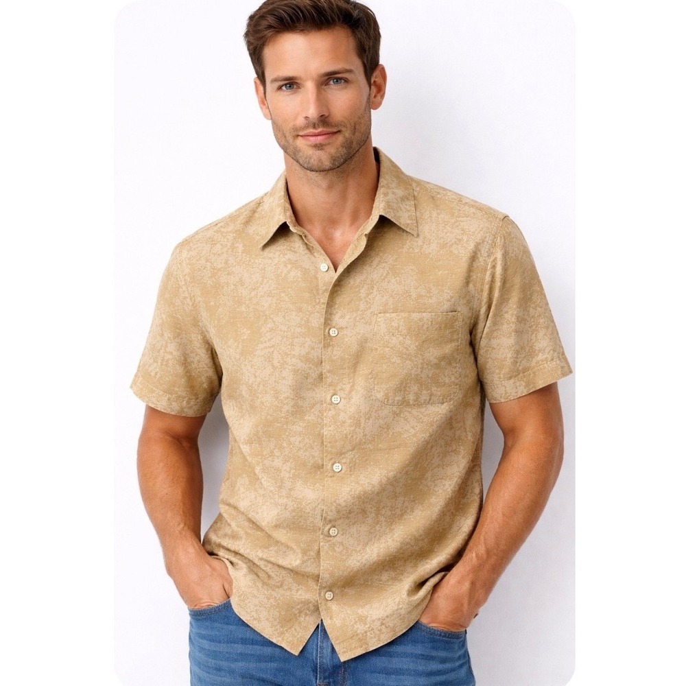 Banana Republic Mens Tan Linen Cotton Fern Leaf Print Short Sleeve Small Beach